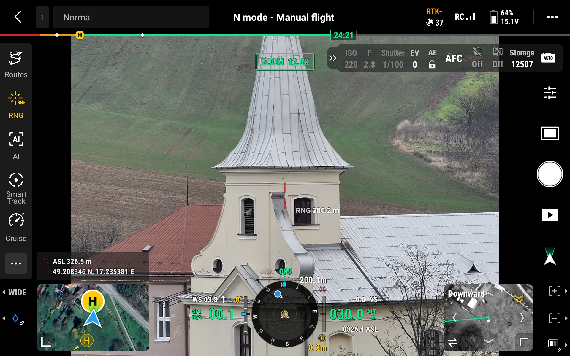 Screenshot ovladače s teleobjektivem a měřením RNG 200,2 m